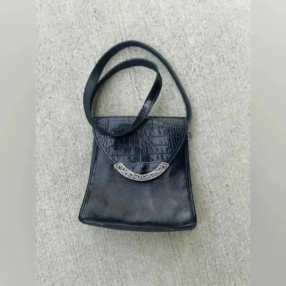 Brighton Black Leather Croc embossed Purse Slap Front Shoulder Bag